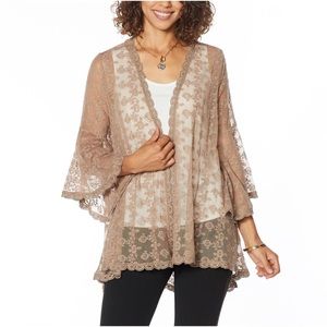 Nina Leonard bell sleeve lace open front top sweater, size S